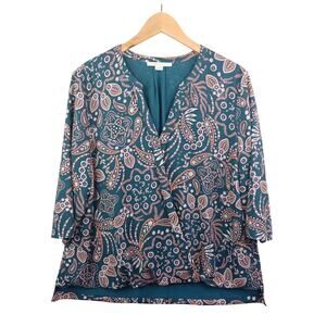 Cooper & Ella Women Floral Paisley Faux Wrap Top XL Teal Split V-neck Boho Artsy